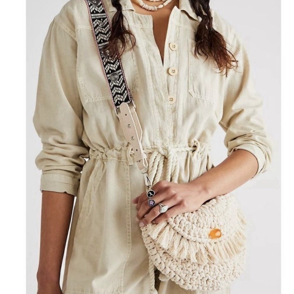 Free People Macrame Moon Crossbody Bag Strap Metal Concha Pieces Fringe Boho